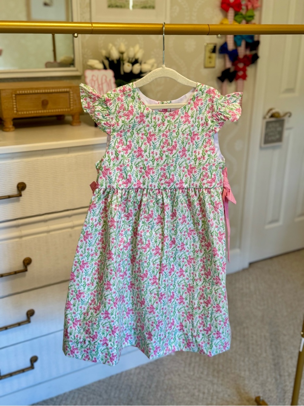 Classic Whimsey Girls Pink Floral Dress with Ruffle Sleeves